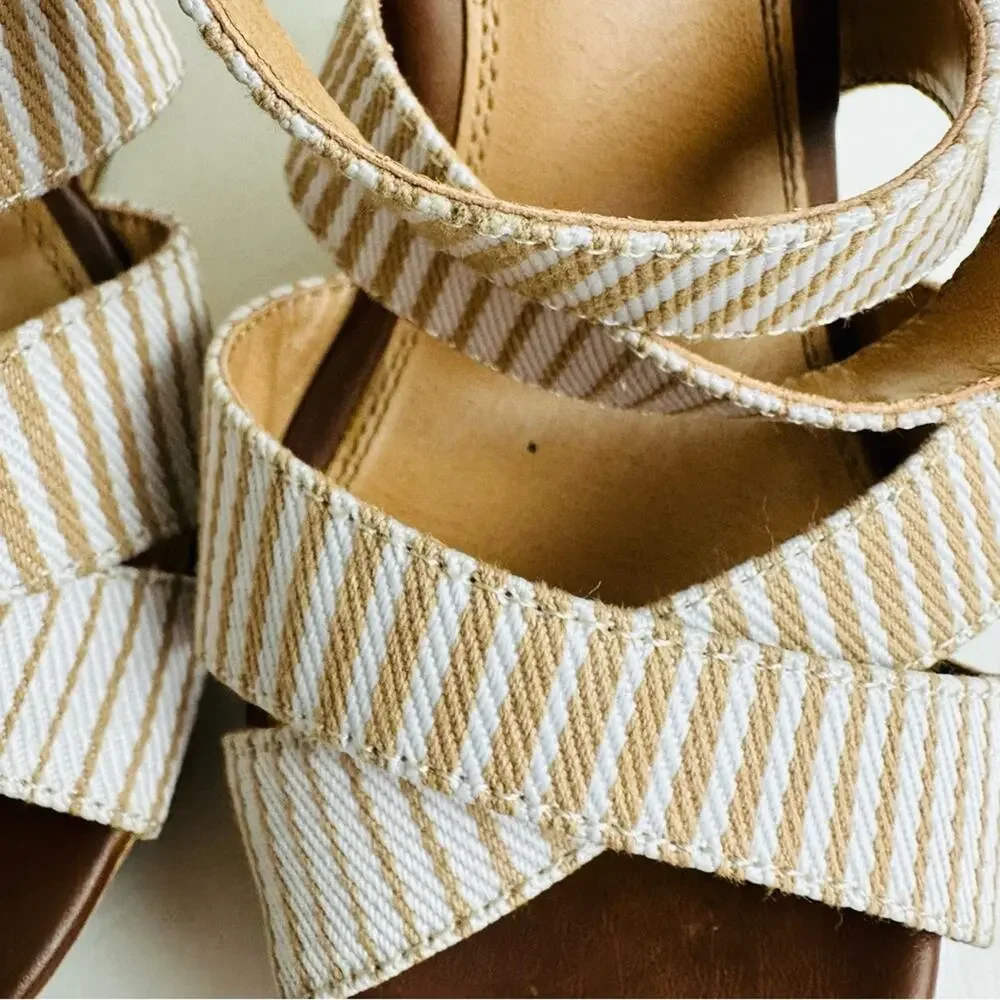 Chinese Laundry Women's Striped Strappy Wedge Sandals Cream Tan‎ Shoes Size 8.5